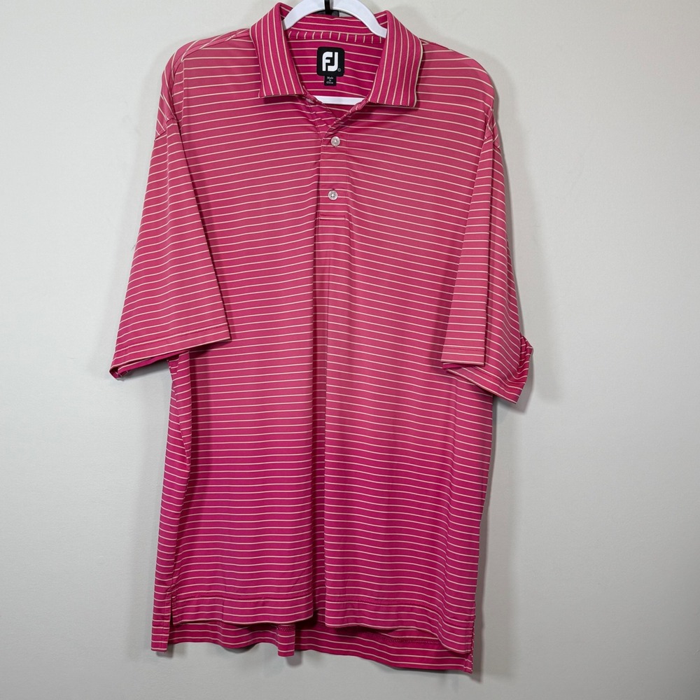Excellent FootJoy Golf Polo Men XL Pink Green Striped Short Sleeve Bobcat Logo